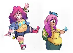 Size: 2975x2164 | Tagged: safe, artist:punkittdev, derpibooru import, fluttershy, pinkie pie, bird, human, backpack, bbw, chubby, clothes, duo, fat, fattershy, grin, humanized, image, jpeg, looking at you, looking up, obese, piggy pie, pudgy pie, rainbow socks, simple background, smiling, smiling at you, sneaker boots, socks, striped socks, sweater, sweatershy, waving, waving at you, white background