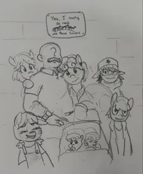 Size: 2025x2470 | Tagged: safe, artist:pony quarantine, derpibooru import, oc, unofficial characters only, human, pony, clothes, facial hair, family, family photo, female, foal, hat, hoodie, image, jpeg, mare, married, married couple, monochrome, moustache, shirt, sign, simple background, sitting, text, traditional art