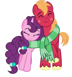 Size: 1212x1298 | Tagged: safe, derpibooru import, big macintosh, sugar belle, earth pony, pony, unicorn, clothes, eyes closed, female, happy, image, male, mare, png, scarf, shared clothing, shared scarf, shipping, simple background, smiling, snuggling, stallion, straight, sugarmac, transparent background