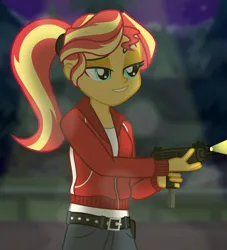 Size: 5232x5760 | Tagged: safe, artist:emeraldblast63, derpibooru import, sunset shimmer, equestria girls, gun, image, png, ponytail, solo, submachinegun, weapon