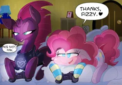 Size: 1430x1000 | Tagged: safe, artist:malachimoet, derpibooru import, fizzlepop berrytwist, pinkie pie, tempest shadow, earth pony, unicorn, my little pony: the movie, clothes, controller, cute, diapinkes, gaming, image, lamp, pillow, png, socks, striped socks, tempestbetes, video game
