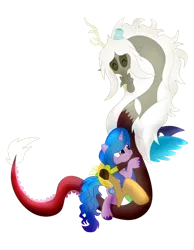 Size: 788x1014 | Tagged: safe, artist:utts, derpibooru import, discord, izzy moonbow, draconequus, pony, unicorn, g5, spoiler:g5comic, antlers, broken horn, duo, duo male and female, eyes closed, female, horn, hug, image, male, mare, mismatched wings, old man discord, png, simple background, smiling, spread wings, transparent background, wings