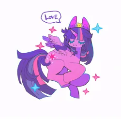 Size: 736x724 | Tagged: safe, alternate version, artist:batthsalts, derpibooru import, twilight sparkle, twilight sparkle (alicorn), alicorn, pony, colored eyelashes, crown, curled up, eyes closed, female, image, jewelry, jpeg, regalia, solo, sparkles, speech bubble, spread wings, text, wings