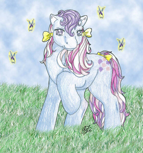 Size: 863x926 | Tagged: safe, artist:sweets-b, derpibooru import, sweet stuff, butterfly, insect, twinkle eyed pony, bow, cute, g1, hair bow, image, jpeg, sweet sweet stuff, tail, tail bow