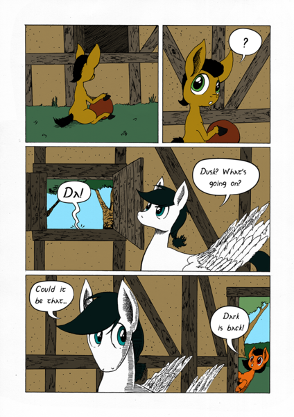 Size: 905x1280 | Tagged: safe, artist:darkhestur, derpibooru import, oc, oc:dusk, oc:knight, oc:morro, earth pony, pegasus, pony, comic, foal, image, panels, png, speech bubble, tumblr comic