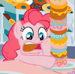 Size: 1080x1068 | Tagged: safe, derpibooru import, screencap, pinkie pie, earth pony, pony, the ending of the end, donut, eating, female, food, image, jpeg, mare, open mouth, overeating, solo, this will end in diabetes, this will end in tummy aches