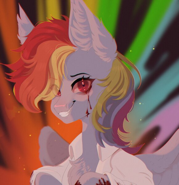 Size: 3969x4096 | Tagged: safe, artist:cherebushek, derpibooru import, rainbow dash, pegasus, pony, fanfic:rainbow factory, blood, clothes, creepy, creepy grin, eye clipping through hair, eyebrows, eyebrows visible through hair, fanfic art, grin, image, jpeg, lab coat, looking at you, rainbow, smiling, solo