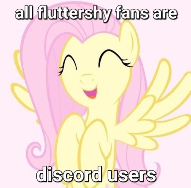 Size: 716x705 | Tagged: safe, derpibooru import, fluttershy, pegasus, pony, caption, discord (program), eyes closed, image, image macro, jpeg, meme, pink background, pun, simple background, solo, text