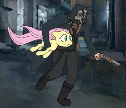 Size: 1279x1100 | Tagged: artist needed, source needed, safe, derpibooru import, fluttershy, human, pegasus, pony, corvo attano, crossover, dishonored, duo, flintlock, human and pony, image, mask, png