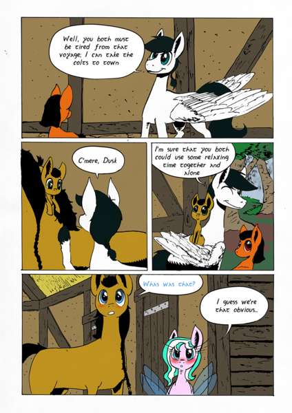 Size: 905x1280 | Tagged: safe, artist:darkhestur, derpibooru import, oc, oc:dusk, oc:knight, oc:morro, earth pony, flutter pony, pegasus, comic, image, od:dark, png, speech bubble, tumblr comic