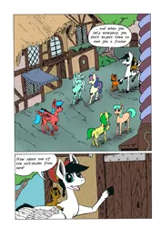 Size: 905x1280 | Tagged: safe, artist:darkhestur, derpibooru import, oc, oc:dusk, oc:knight, oc:morro, pony, background pony, comic, houses, image, panels, png, ponyville, speech bubble, street, tumblr comic