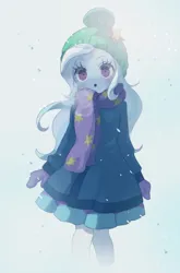 Size: 841x1275 | Tagged: safe, artist:weiliy, derpibooru import, trixie, equestria girls, :o, blushing, breath, clothes, hat, image, jpeg, open mouth, scarf, skirt, solo