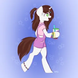 Size: 1500x1500 | Tagged: safe, artist:koapony, derpibooru import, oc, unofficial characters only, semi-anthro, unicorn, clothes, dress, eyebrows, eyebrows visible through hair, image, jpeg, mesh, open mouth, open smile, smiling, smoothie, solo