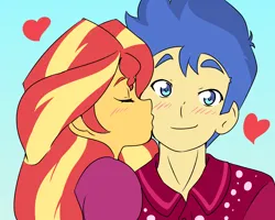 Size: 3850x3080 | Tagged: safe, artist:qsky, derpibooru import, flash sentry, sunset shimmer, equestria girls, blushing, duo, female, flashimmer, image, kiss on the cheek, kissing, male, png, shipping, straight
