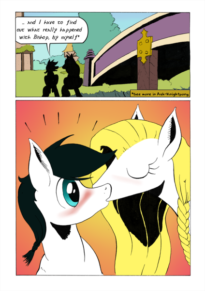 Size: 905x1280 | Tagged: safe, artist:darkhestur, derpibooru import, oc, oc:knight, oc:sigrid, earth pony, pegasus, bridge, comic, image, kissing, panels, png, silhouette, speech bubble, tumblr comic