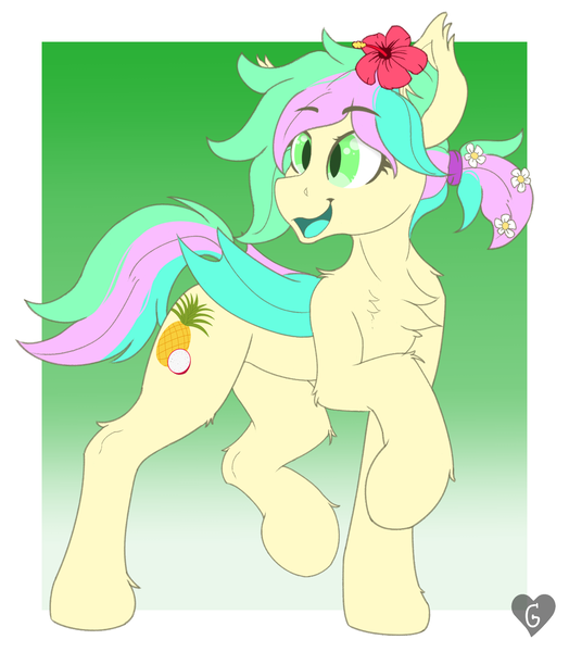 Size: 1360x1558 | Tagged: safe, artist:gnashie, derpibooru import, oc, oc:fruity squeeze, unofficial characters only, bat pony, pony, bat pony oc, bat wings, chest fluff, ear fluff, flower, flower in hair, hair tie, image, open mouth, png, ponytail, solo, wings