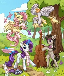 Size: 2856x3400 | Tagged: safe, artist:konejo, derpibooru import, angel bunny, derpy hooves, fluttershy, octavia melody, rarity, butterfly, insect, pony, cello, chocolate, clothes, flower, flying, food, image, jpeg, magic, musical instrument, scarf, socks, spring, striped socks, telekinesis