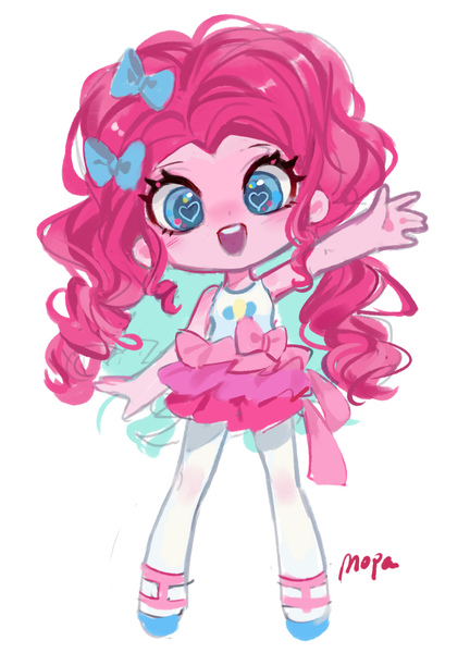 Size: 883x1227 | Tagged: safe, artist:卯卯七, derpibooru import, pinkie pie, equestria girls, chibi, heart, heart eyes, image, jpeg, looking at you, solo, waving, waving at you, wingding eyes