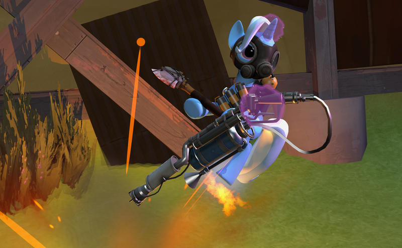 Size: 2516x1555 | Tagged: safe, derpibooru import, trixie, pony, unicorn, 3d, flamethrower, gmod, image, png, solo, team fortress 2, weapon