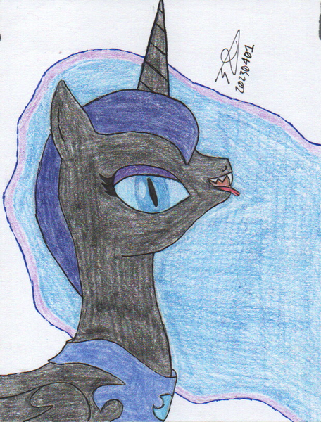 Size: 620x815 | Tagged: safe, artist:alejandrogmj, derpibooru import, nightmare moon, alicorn, pony, fangs, image, looking at you, missing accessory, png, tongue out, traditional art