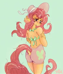 Size: 2700x3150 | Tagged: safe, artist:brovia6, derpibooru import, fluttershy, anthro, dock, image, jpeg, simple background, solo, tail