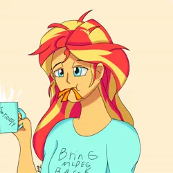 Size: 1280x1280 | Tagged: safe, artist:f_k777111, derpibooru import, sunset shimmer, equestria girls, bacon, coffee, female, food, image, jpeg, meat, simple background, solo
