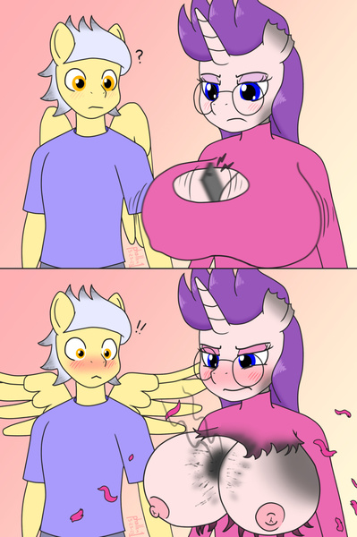Size: 1280x1924 | Tagged: questionable, artist:phallen1, derpibooru import, oc, oc:peony burst, oc:salute charge, unofficial characters only, anthro, pegasus, unicorn, angry, anthro oc, before and after, big breasts, blushing, boob window, breasts, burn marks, cleavage, clothing damage, horn, huge breasts, image, impossibly large breasts, jpeg, mobile phone, nipples, nudity, phone, sequence, spread wings, unicorn oc, wardrobe malfunction, wingboner, wings
