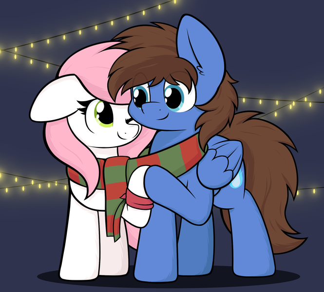 Size: 2109x1904 | Tagged: safe, artist:aaathebap, derpibooru import, oc, oc:bizarre song, oc:sugar morning, pegasus, pony, christmas, clothes, duo, eye clipping through hair, floppy ears, holiday, hoof hold, image, looking at each other, looking at someone, one eye closed, png, scarf, shared clothing, shared scarf, smiling