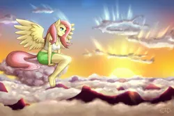 Size: 2000x1333 | Tagged: safe, artist:empyu, derpibooru import, fluttershy, anthro, pegasus, plantigrade anthro, barefoot, breasts, busty fluttershy, clothes, cloud, equestria girls outfit, feet, image, jpeg, sitting, sunset