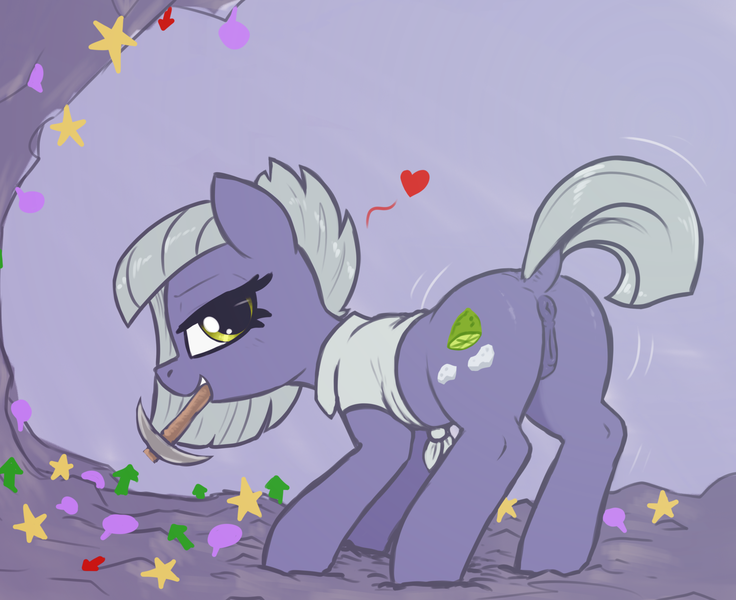 Size: 2700x2200 | Tagged: explicit, alternate version, artist:t72b, derpibooru import, limestone pie, earth pony, pony, derpibooru, anus, april fools, april fools 2023, bedroom eyes, bottomless, butt, clothes, face down ass up, female, image, limestonebutt, looking back, mare, meta, mouth hold, nudity, partial nudity, pickaxe, plot, png, raised tail, solo, tail, vulva