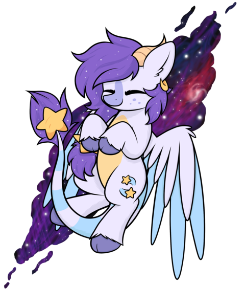 Size: 1997x2496 | Tagged: safe, artist:aaathebap, derpibooru import, oc, oc:galaxytrail, ear piercing, galaxy, horns, image, piercing, png, sparkly mane