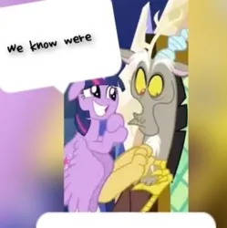 Size: 715x718 | Tagged: safe, derpibooru import, edit, edited screencap, editor:zcord, part of a set, screencap, discord, twilight sparkle, twilight sparkle (alicorn), alicorn, the beginning of the end, dialogue, image, jpeg