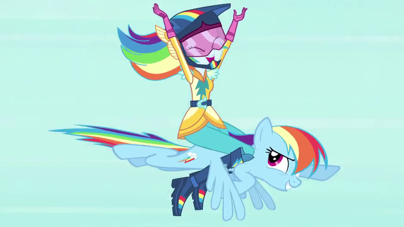 Size: 1280x720 | Tagged: safe, derpibooru import, screencap, rainbow dash, human, pegasus, pony, equestria girls, friendship games, awesome, blooper, clothes, cute, dashabetes, deleted scene, duo, duo female, female, flying, friendship games bloopers, g4, happy, humans riding ponies, image, paradox, png, riding, self paradox, self ponidox, smiling