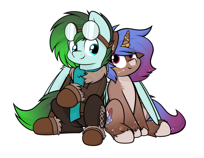 Size: 2484x1926 | Tagged: safe, artist:aaathebap, derpibooru import, oc, oc:gryph xander, oc:midnight winds, unofficial characters only, pegasus, pony, unicorn, clothes, duo, female, goggles, goggles on head, hug, image, jewelry, male, mare, middergryph, oc x oc, png, shipping, simple background, sitting, stallion, straight, transparent background, winghug, wings