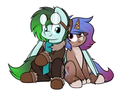 Size: 2484x1926 | Tagged: safe, artist:aaathebap, derpibooru import, oc, oc:gryph xander, oc:midnight winds, unofficial characters only, pegasus, pony, unicorn, clothes, duo, female, goggles, goggles on head, hug, image, jewelry, male, mare, middergryph, oc x oc, png, shipping, simple background, sitting, stallion, straight, transparent background, winghug, wings