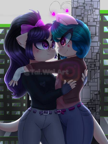 Size: 1500x2000 | Tagged: safe, artist:taiweiart, derpibooru import, oc, unofficial characters only, anthro, earth pony, building, clothes, earth pony oc, female, fingerless gloves, gloves, heart, hug, image, jpeg, lesbian, oc x oc, outdoors, pants, shipping, watermark