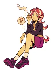 Size: 1400x1837 | Tagged: safe, artist:yanming98294, derpibooru import, sunset shimmer, equestria girls, image, png, question mark, sitting, smoking, solo