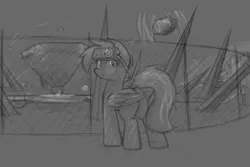 Size: 3000x2000 | Tagged: safe, artist:aaathebap, derpibooru import, pegasus, robot, city, dystopia, fence, grayscale, image, looking back, monochrome, ominous, png, sketch, skyline, spikes