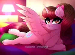 Size: 2025x1500 | Tagged: safe, artist:taiweiart, derpibooru import, oc, unofficial characters only, alicorn, pony, alicorn oc, eyelashes, female, horn, image, indoors, lamp, makeup, mare, png, smiling, solo, wings