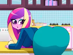 Size: 2000x1500 | Tagged: suggestive, artist:xan-gelx, derpibooru import, princess cadance, equestria girls, ass, bent over, blushing, butt, clothes, dean cadance, dean lovebutt, embarrassed, image, jpeg, kitchen, lipstick, looking at you, looking back, looking back at you, principal cadance, skirt, solo, stupid sexy princess cadance, wide hips