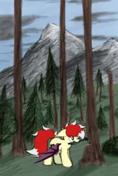 Size: 2010x3013 | Tagged: safe, artist:aaathebap, derpibooru import, oc, oc:aaaaaaaaaaa, unofficial characters only, bat pony, pony, axe, bush, colored sketch, fluffy, forest, image, mountain, mouth hold, png, scenery, sketch, solo, tree, weapon