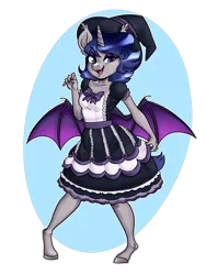 Size: 774x1032 | Tagged: safe, artist:annakitsun3, derpibooru import, oc, oc:moonlit silver, anthro, hybrid, bat wings, blue eyes, clothes, eyeshadow, fangs, gray coat, happy, hat, hooves, hybrid oc, image, maid, makeup, png, pose, simple background, wings, witch, witch hat