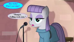 Size: 1280x720 | Tagged: safe, derpibooru import, edit, edited screencap, screencap, maud pie, the maud couple, dialogue, image, implied oc, maud pie is not amused, maud the comedian, microphone, offscreen character, pickup lines, png, shipping denied, speech bubble, spotlight, unamused