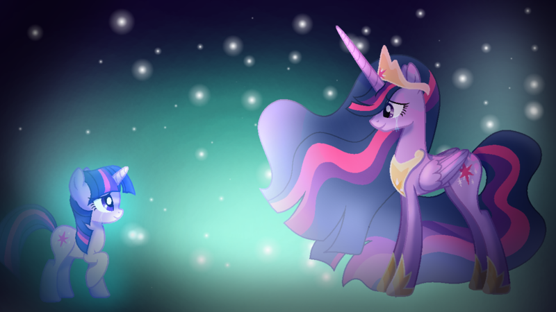 Size: 1280x720 | Tagged: safe, artist:diniarvegafinahar, derpibooru import, princess twilight 2.0, twilight sparkle, twilight sparkle (alicorn), alicorn, pony, unicorn, the last problem, crown, crying, duality, duo, duo female, ethereal mane, female, image, jewelry, looking at each other, looking at someone, mare, older, older twilight, png, raised hoof, regalia, self paradox, self ponidox, smiling, stars, time paradox, unicorn twilight