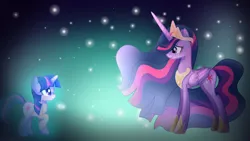 Size: 1280x720 | Tagged: safe, artist:diniarvegafinahar, derpibooru import, princess twilight 2.0, twilight sparkle, twilight sparkle (alicorn), alicorn, pony, unicorn, the last problem, crown, crying, duality, duo, duo female, ethereal mane, female, image, jewelry, looking at each other, looking at someone, mare, older, older twilight, png, raised hoof, regalia, self paradox, self ponidox, smiling, stars, time paradox, unicorn twilight