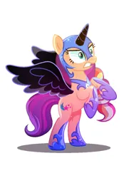 Size: 768x1024 | Tagged: safe, artist:diniarvegafinahar, derpibooru import, nightmare moon, sunny starscout, earth pony, pony, angry, base used, clothes, cosplay, costume, fake horn, fake wings, female, g4, g5, g5 to g4, generation leap, helmet, image, mare, nightmare moon armor, nightmare night costume, nightmare sunny, png, rearing, simple background, solo, teeth, white background