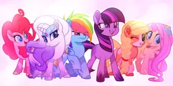 Size: 4032x2022 | Tagged: safe, artist:diniarvegafinahar, derpibooru import, applejack, fluttershy, pinkie pie, rainbow dash, rarity, twilight sparkle, earth pony, pegasus, pony, unicorn, base used, blaze (coat marking), coat markings, colored wings, cowprint, earth pony twilight, facial markings, female, females only, g5 concept leaks, gradient mane, gradient tail, high res, horn, image, mane six, mare, movie accurate, multicolored wings, one eye closed, open mouth, pegasus pinkie pie, png, race swap, rainbow wings, raised hoof, smiling, tail, teeth, unicorn fluttershy, wings, wink