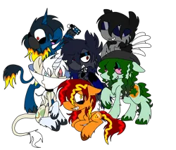 Size: 3043x2591 | Tagged: semi-grimdark, artist:ilovethetalkingclock, derpibooru import, oc, oc:dreadful timing, oc:flashbang, oc:greasy cheesy, oc:leafblaze, oc:moldy bread, oc:streetwise, earth pony, pegasus, unicorn, choker, drugs, elizabethan collar, geek, goth, image, mane six opening poses, mange, marijuana, png, stoner, stun grenade, sunglasses