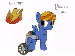 Size: 702x523 | Tagged: safe, artist:amelia, derpibooru import, oc, oc:blazing flame, unofficial characters only, pegasus, pony, colt, cutie mark, foal, image, jpeg, male, raised hoof, simple background, solo, wheelchair, white background, wings