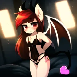 Size: 1472x1472 | Tagged: suggestive, artist:velvetcharm, banned from derpibooru, machine learning generated, novelai, ponybooru import, stable diffusion, oc, oc:velvet charm, unofficial characters only, anthro, human, succubus, anthro oc, arm behind back, bat ears, bat wings, bedroom, blushing, child, clothes, cute, cutie mark, demon horns, female, filly velvet charm, humanized, humanized oc, image, lingerie, lolicon, looking at you, png, red eyes, red mane, solo, solo female, solo focus, succubus tail, underage, white skin, wings, young